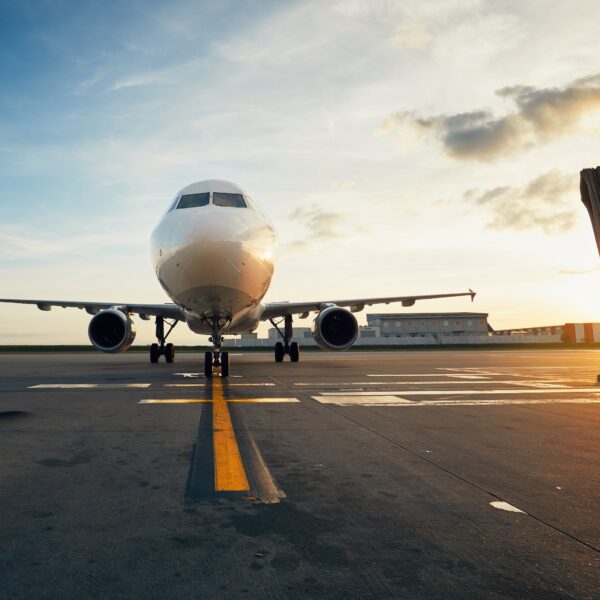 Airport at the amazing sunset. Airplane is taxiing to the gate.